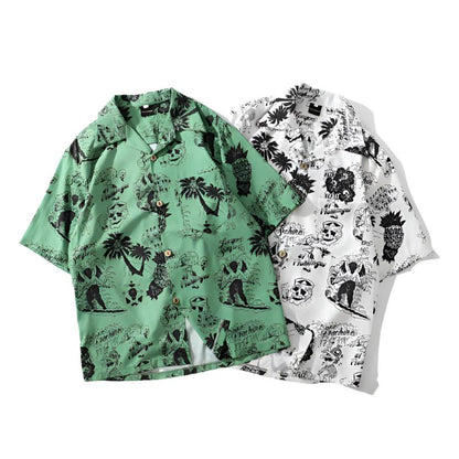 Men's Loose Vintage Cartoon Print Hip-Hop Hawaiian Shirt